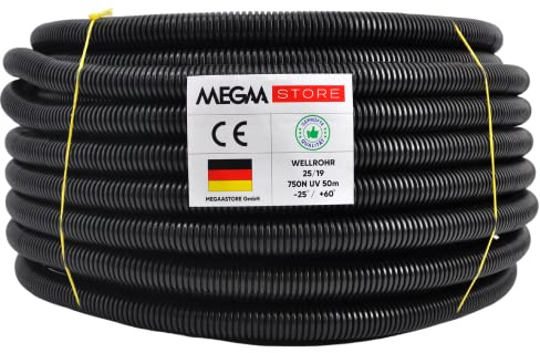 Megaastore Flexibles Leerrohr Wellrohr 750N Schwarz| Klassifizierung M16 M20 M25 M32 M40 M50 Kabelschutz Schutz Rohr ungeschlitzt Außenbereich (Ø 11 mm innen/Ø 16 mm außen / 50m mit Zugdraht)