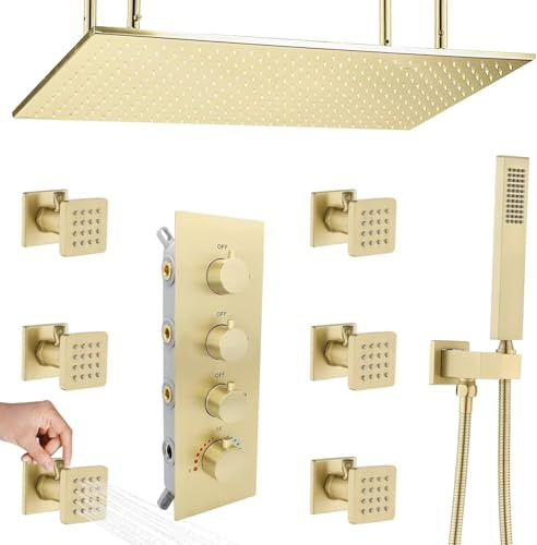 Delnet Concealed Shower Mixer Set Thermostatic Brushed Gold 16x32 Inch Rain Shower System with Body Jets Luxury Multi Shower Head System Combo