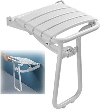 EEUK Seggiolino Doccia Anziani a Muro, Sedile per Doccia Pieghevole da Muro in Acciaio Sedia Doccia Anziani di Sicurezza per Senior,Handicap, Peso del Cuscinetto 300kg, 29x38x46.5cm(Color:Bianco)