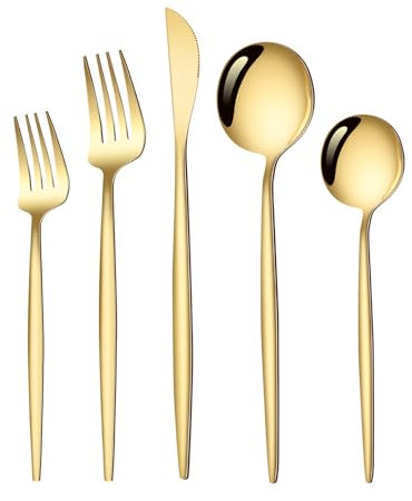 HYEIOL Besteck Set Gold für 6 Personen, 30 teilig Löffel Set, Steel Stainless Camping Besteck set mit Löffel, Messer, Gabel, Poliert Travel Essbesteck, Spülmaschinenfest
