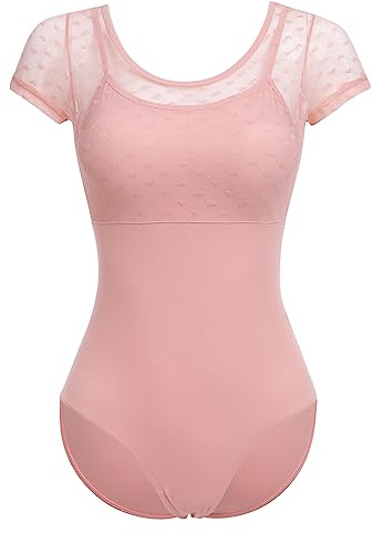FYMNSI Damen Ballettanzug Ballettbody Sport Yoga Tanz Body Gymnastikanzug Trikot Kurzarm Bodysuit Mesh Einteiler Turnanzug Leotards Overall Oberteile Tops Elegant Ballett Bekleidung Rosa M