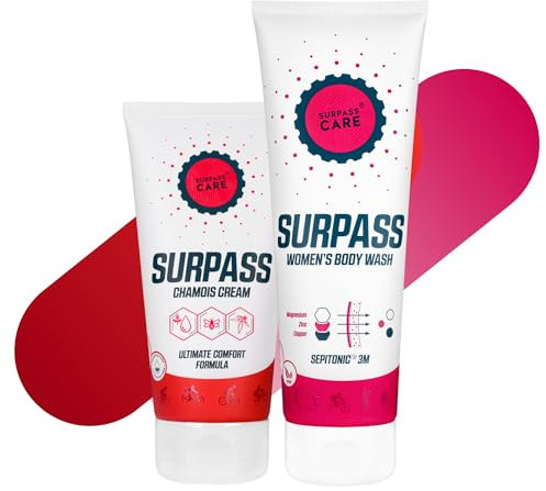 SURPASS - Radfahrer Set für Frauen - Chamois Creme & Duschgel für Sportler - Mehr Leistung und Komfort auf Langen Fahrten - Anti-Scheuer Wirkung & Regenerierende Hautreinigung - 170ml + 250 ml