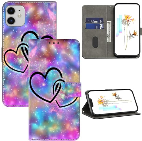 GLANDOTU Case for iPhone 11 6.1 inch 2019 Phone Case,Multi-Pattern PU Leather Wallet Flip Case with [Standing Function] [Card Holder] [Wrist Strap] for iPhone 11 2019 -Two Hearts