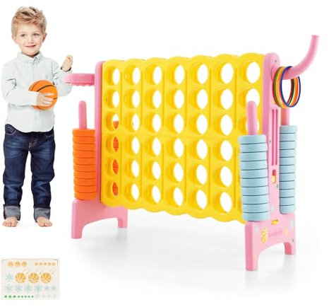 COSTWAY Riesiges 4 Gewinnt Spielset mit Basketballkorb und Wurfspiel, inkl. 42 Jumbo Ringen und Schieberegler zum schnellen Neustart, Vier in Einer Reihe Spiel groß (Rosa)