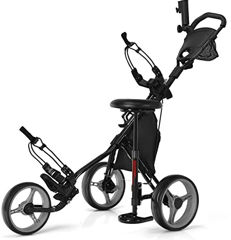 COSTWAY Carro de Golf con 3 Ruedas y Plegable, Carrito de Golf a Empujar con 4 Posiciones Regulables en Altura, Porta Paraguas Regulable y Asiento, Bolsa, Porta Bebidas, Freno de Pedal (Gris)