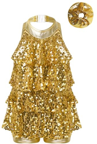 inhzoy Vestito da Ballo Latino Americano Bambina Abito da Pattinaggio Artistico Oro 7-8 Anni