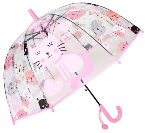 ThreeH Ombrello a bolla trasparente per bambini Apertura automatica Gatto carino cartone animato Ombrello a cupola per bambine da 3 a 8 anni,Rosa