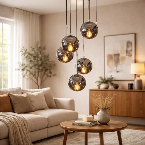 Luzarana Nova Pendelleuchte Esstisch Glaskugel Wohnzimmerlampe Kugellampe E27 Fassung (Chrome 5)