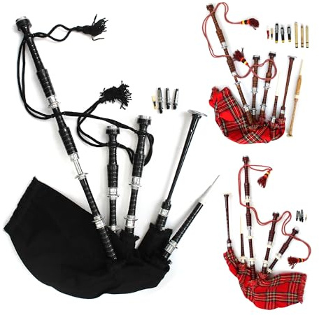 Scottish Great Highland Bagpipe Black Plain Full Silver Mount Utility Tartan, Red And Brown Royal Stewart Tartan Bagpipe With Free Carry Bag & Free Practice Chanter (Black Utility)
