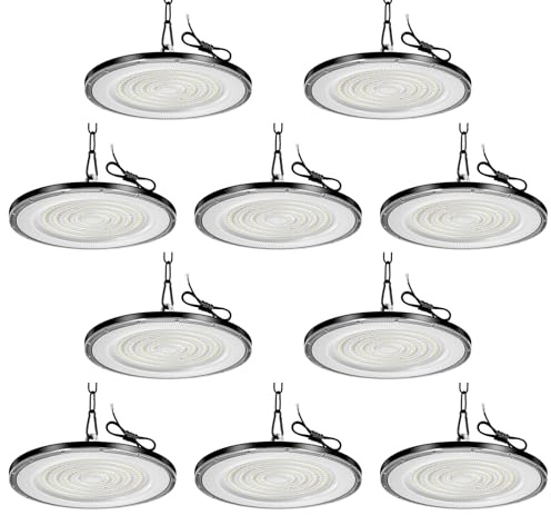 Viugreum 10 Paquetes de UFO LED 200W, Proyector LED exterior 20000LM, Blanco Frío 6500K, AC 85-265V IP65 Impermeable Iluminación de Taller, Led Industrial UFO con Cadena para Taller Gimnasio
