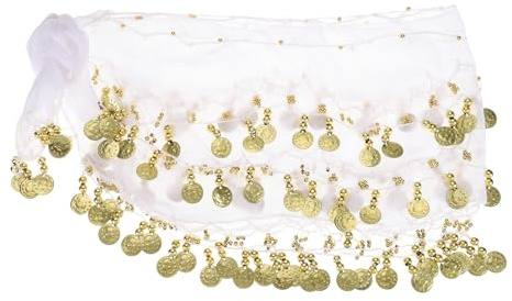 PATIKIL Belly Dance Hip Scarf 57 x 11, Women's Belly Dance Costume Skirt Wrap with 128 Gold Coins for Yoga Class, White