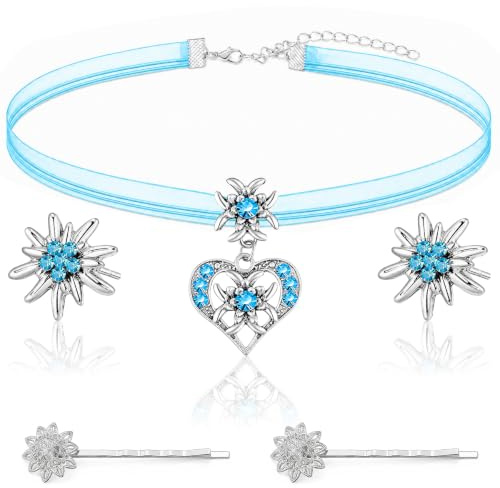 5er Trachtenschmuck Set,Trachtenkette mit Strass Edelweiß Herz Anhänger,Bayerisch Dirndlschmuck Trachtenkette mit Strass Edelweiß Herz Anhänger,Trachten Edelweiß Haarklammern,und Edelweiß Ohrstecker