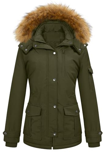 TOMEEK Chaqueta Mujer Invierno Abrigo Parka con Capucha de Piel Gruesa Chaqueta de Invierno con Bolsillo Cremallera Térmica Abrigos Mujer Prueba de Viento Cálido(Verde Militar,XL)