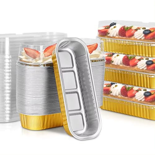 quick.simple.easy - Moldes de papel de aluminio con tapas, paquete de 50 + 50 cucharas gratis, moldes rectangulares de 6.7 onzas, moldes desechables para hornear mini moldes para hornear