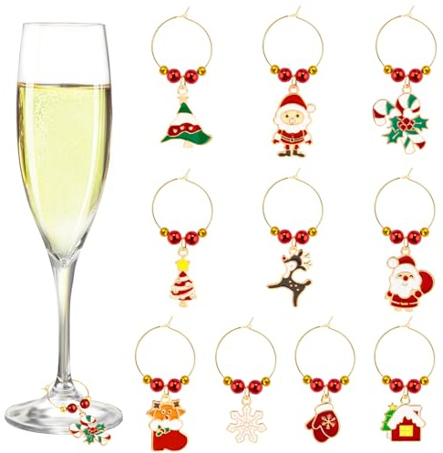 MELLIEX 10 Pieces Christmas Wine Glass Charms Rings, Wine Glass Pendant Charms, Reusable Glass Markers, Champagne Glasses, Wine Glass Markers for Christmas Party and Bar Table Decoration, Alloy Steel