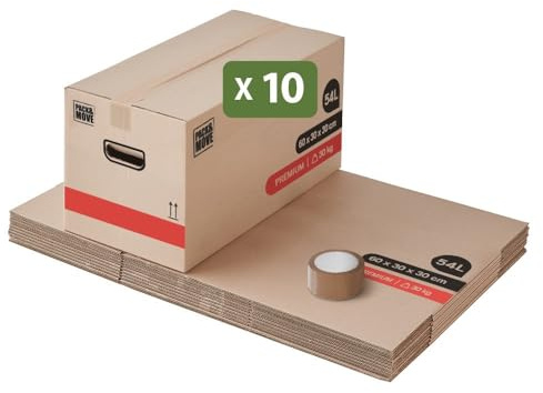 Pack And Move - Set 10 Umzugskartons Premium - 60 x 30 x 30 cm - Extreme Belastbarkeit 30 KG - Wiederverwendbar - Doppelwandig - Verstärkte Griffe - 1 Klebeband Gratis