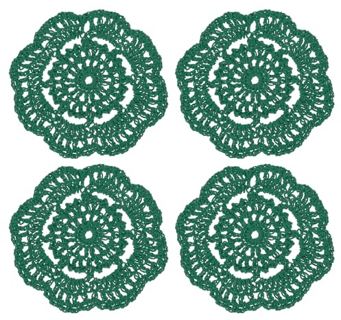 sourcing map Crochet Doilies, 4Pcs 4 Cotton Woven Fabric Coasters, Lace Round Handmade Coasters with Floral Pattern for Wedding Party Decoration (Dark Green)