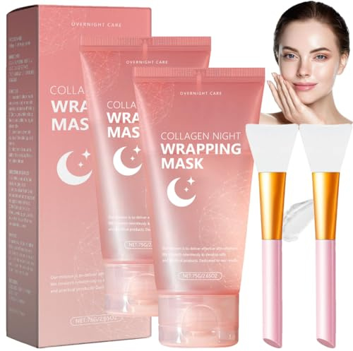 Collagen Night Wrapping Mask - 2 Stück Collagen Maske Gesicht Overnight I Hydrolyzed Collagen for Glowing Skin I Bio Collagen Face Mask, Elastizität und Feuchtigkeit