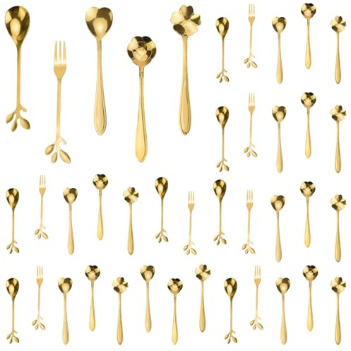 JINGIHE 40 cucchiaini da caffè, in acciaio inossidabile, cucchiaini da tè a forma di fiore, cucchiaio da tè e forchetta per foglie, per dessert, zucchero, torte, gelato, miele, demiasse, agitazione
