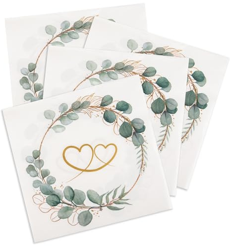 Serviette Hochzeit, 32 Stück Herz Eukalyptus Tischdeko, Servietten Goldene Hochzeit 33x33cm, Personalisiert für Wedding Valentinstag Jubiläum Party