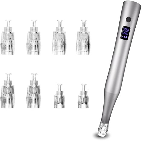 Xahpower Elettrico Dermapen Microneedling con 8 Cartucce, Ricaricabile Tramite USB, 3 Velocità, Microneedling Pen per la Cura Della Pelle (Argento)