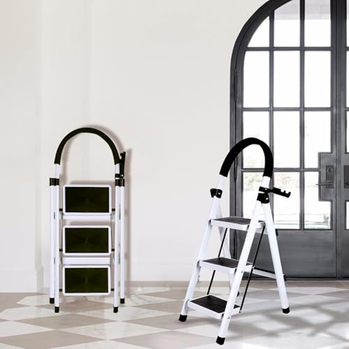 Escabeau à 3 Marches avec Rampe de Sécurité Pliable - Antidérapant,Charge 150 kg-Échelle de Qualité pour Bricolage et Jardinage en Acier Durable-104 x 57 x 41,5 cm - 3 marches (Blanc)