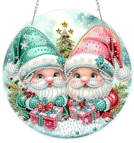 DOMROM Gnome Diamond Art Painting Anhänger, Schnee Diamond Painting Fensterbilder Anhänger, Weihnachten Diamant Hängende Ornament für Kinder Erwachsene Diamant Malerei Basteln Tür Wand Fenster Deko