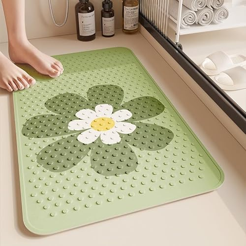 Alfombra Ducha 60X90Cm Flores Verdes Alfombrilla De Baño Antideslizante Rectangular,Tapete Grande De PVC con Ventosas, Ideal para Ancianos, Adultos, Infantil Y Niños