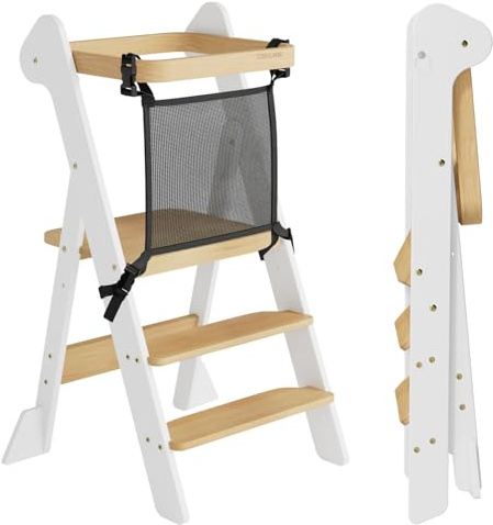 COSYLAND Torre de Aprendizaje Montessori de Madera Plegable Desde 1 Año – Ganadora del Premio iF Design, con Red de Seguridad y Altura Ajustable, Ideal para Cocina y Baño (Blanco y Natural)