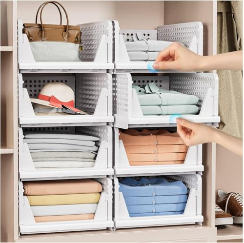 8 Pack Stapelbar Schrank Kleiderschrank Organizer, Schrank Organizer | Faltbare Schrank Organizer für Bad Küche Lagerung, Platzsparende Schublade Aufbewahrungsbox, Weiß