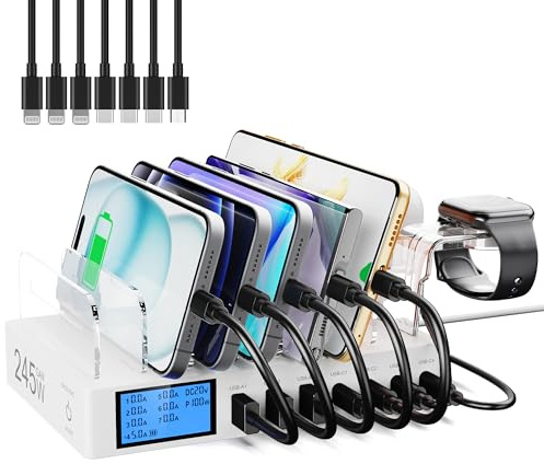 Binamao Station de Charge USB pour Plusieurs Appareils, 7-Port USB Multi Charge 245W avec 7 Câbles, Station Chargement avec écran LCD, Compatible avec Téléphones, Tablettes et Autres appareils - Blanc