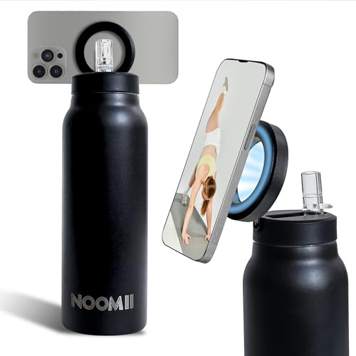 NooMii Edelstahl Flasche – 800ml Trinkflasche, Wasserflasche – Doppelwändige Trinkflasche-Edelstahl mit magnetischem Deckel und Strohhalm – Ideal für Büro & Sport mit Handyhalterung (Schwarz)