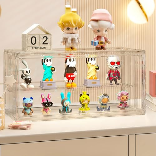 2 Stück Acryl Vitrine für Pop Figuren,Staubdichte Schaukasten Glasvitrine, Vitrine Klein mit Tür Für Action Figuren Spielzug MiniFiguren Sammelfiguren,Selbstmontage（2 Etagen,34x16x18cm