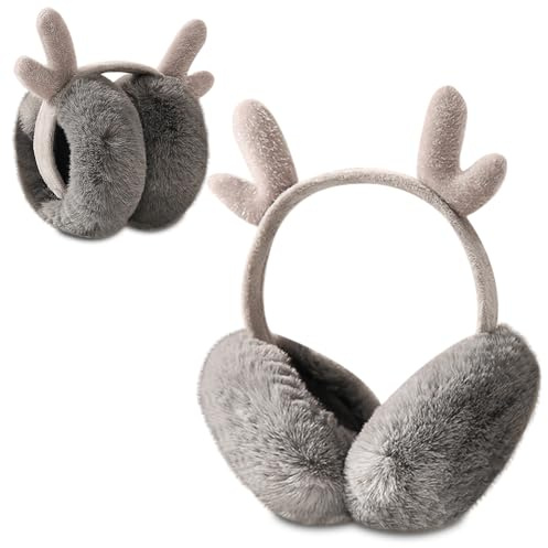 Gobesty Ohrenwärmer Damen Rentiergeweih, Plüschiger Ohrenschützer Damen Foldable, Flauschiger Süßer Ohrwärmer,Kältebeständig Earmuffs für Erwachsene Kinder(Grau)