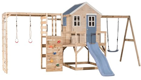 Wendi Toys M24PB-G Cabane sur pilotis avec Toboggan, balançoire & Mur d’Escalade, Maison de Jeu en Bois FSC Enfants, 342×508×242 cm, avec Filet de grimpe, Anneaux & Monkey Bar, Outdoor, Bleu