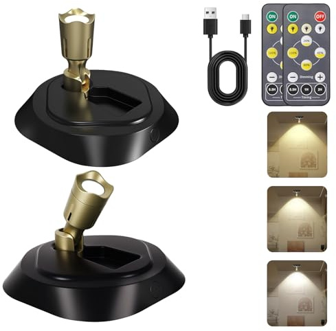 HOSSOM Spot LED Sans Fil Rechargeable, 2 Pièces Applique Murale, Spots de Plafond avec 3 Températures de Couleur, Fonction Minuterie, Plafonnier Led Orientable pour Plante, d'Art, Chambre, Salon