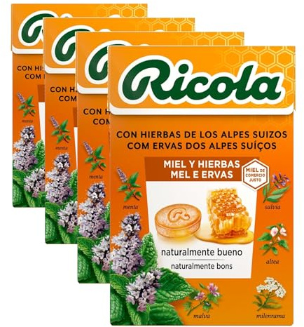 Ricola – Miel y Hierbas, Caramelos Duros, Refresca y Alivia la Garganta y las Vías Respiratorias, con Miel y Mentol, 13 Hierbas Suizas y Aceites Esenciales - Caja 50 g (Paquete de 4)
