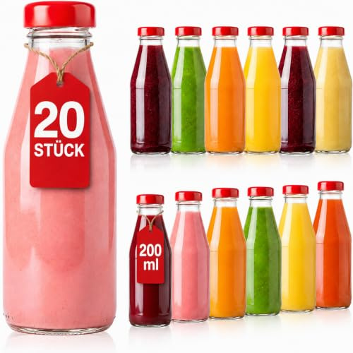 SUPERBUTELKI.PL Bouteille en verre de 200 ml avec bouchon à vis rouge – Idéal pour les jus, smoothies, liqueurs et boissons faites maison (20 x 200 ml)