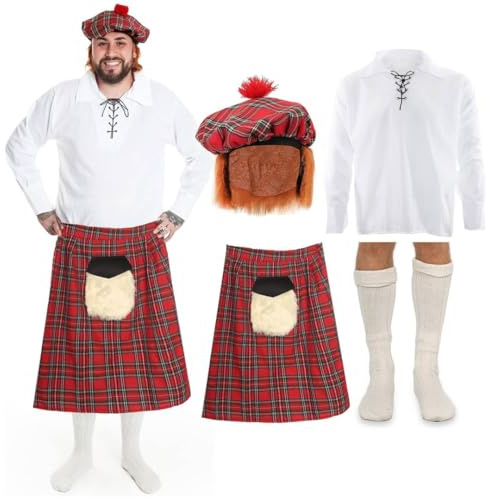 Skotsk 4-delad kostym outfit – röd tartan kilt med dragkedja sporran, vit snörningströja, Tam o' Shanter-hatt med hår och kvalitet kiltstrumpor – Highland Burns Night St Andrews Day Skottland