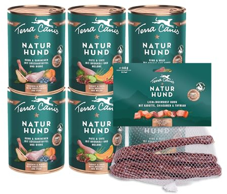 Terra Canis Kennenlernpaket Naturhund Nassfutter für Hunde, 6x400g + Wurst | 100% Lebensmittelqualität aller Rohstoffe, ideal zum Kennenlernen, abwechslungsreiche Menü-Auswahl
