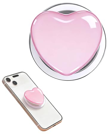 KQOZG Support Magnétique Poignée Grip Téléphone 1 pièce, Cœur en Verre Cristal Rose Clair, Fixation Ultra-Forte Antichute pour Confort Mains-Libres Lecture & Vidéo.