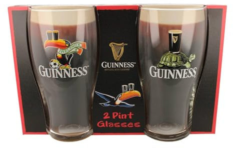 Guinness Official Pint Glass Gift Set – Football Toucan & Tortoise Designs – Set of 2 Pint Glasses – Irish Beer Glasses Gift Set
