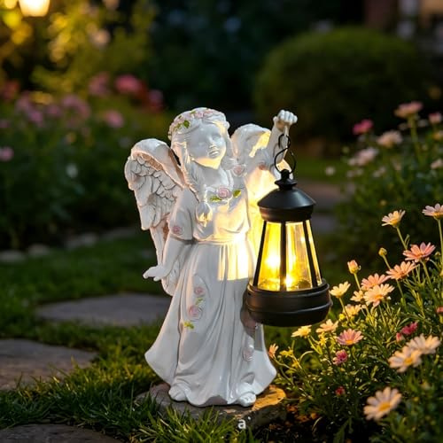 FIYSON Solar Engel Gartenfiguren, Schutzengel-Figur mit LED-Solarlaterne, Wetterfest Flügel Engelfigur, Solar Grablicht Outdoor Dekor für Draußen Haus,Hof,Terrasse,Veranda Deko,23x13x9cm (Stil 12)