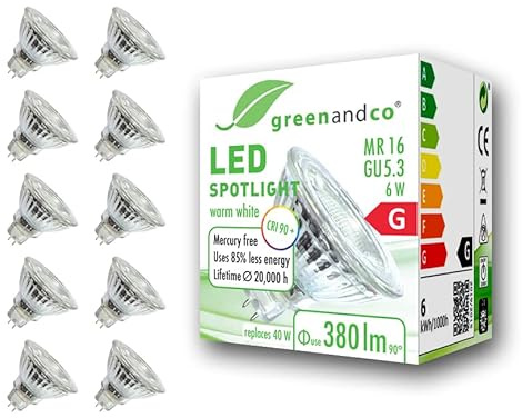 10x greenandco CRI 90+ 3000K 36° LED-spot ersätter 40W GU5.3 MR16 halogenstrålkastare, 6W 380lm varmvit 12V AC/DC, flimmerfri, inte dimbar