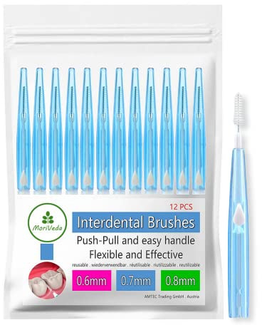 Brosses interdentaires MoriVeda, lot de 12 (0.7mm), brosses interdentaires pour une hygiène buccale propre, système Push-Pull - développé avec des laboratoires dentaires. 0.7mm
