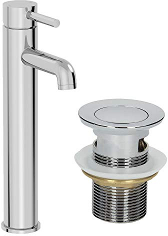 Architeckt® Boden Bathroom High Rise Tall Basin Sink Mixer Tap with Waste Modern Mono Round Single Lever Handle Faucet for Sinks, Chrome