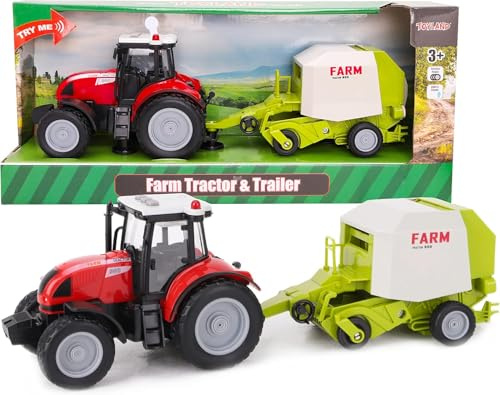 Toyland® 37 cm röd traktor och släpvagn med ljus och ljud – bondgårdsleksaker för barn (traktor och baler)