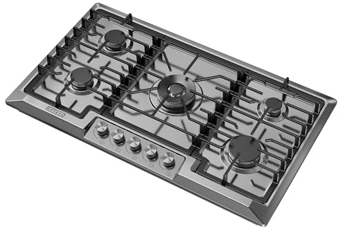 Empava EMPV-36GC23 36 Inch Stainless Steel Gas Cooktop Professional 5 Italy Sabaf Burners Stove Top Certified with Thermocouple Protection Silver