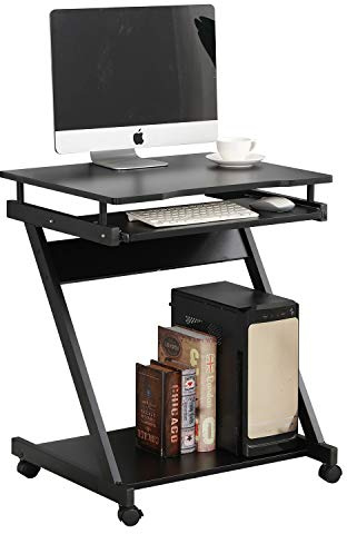 SogesPower Escritorio Portátil para Ordenador, Pequeño Escritorio Doble, con Ruedas Universales Fijables y Bandeja para Teclado, 60 x 46 x 73 cm, Negro