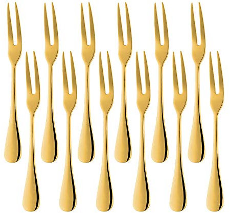 YDware - Tenedores de postre, 12 unidades, dorados, de acero inoxidable, longitud de 145 mm, mini tenedores de postre, tenedores de fruta.